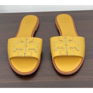 Tory Burch Womens Ines Slide Sandal 7.5M Daylily Spark Gold Leather Slip On Logo